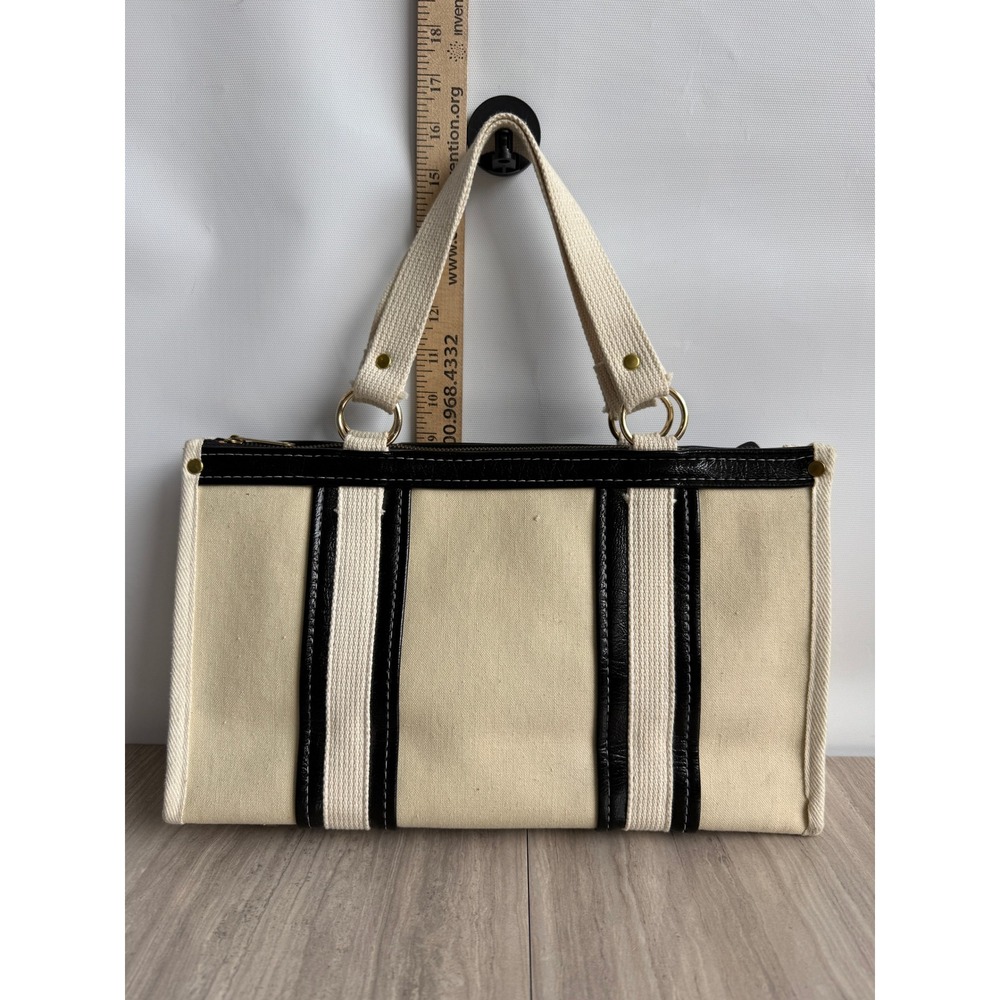Vintage Tote Bag Canvas Cream Black Stripe Structured Japan Made Preppy Boat Bag